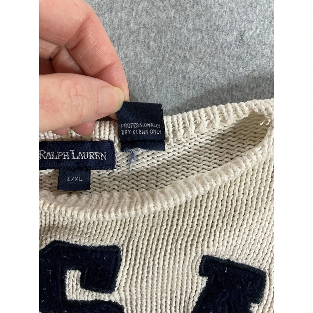 Vintage Ralph Lauren Kids USA Flag Cotton Knit Sweater Cream Navy L/XL 2565